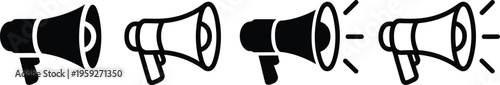 megaphone and bullhorn icons in solid and outline styles used for marketing announcements and alert messages.