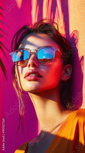 A fashionable young woman poses in mirrored sunglasses under vivid pink and orange light with tropical shadows. Modern beauty and Gen Z style create a bold summer portrait.