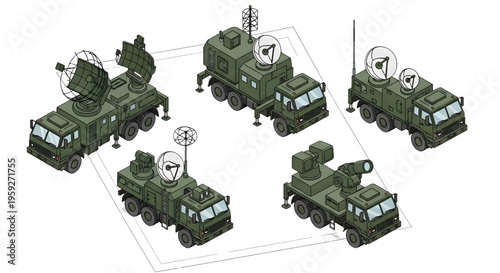 Military Radar Truck Icon Sheet Vector – Dark Green Army Communication Surveillance Vehicles Isometric Set
