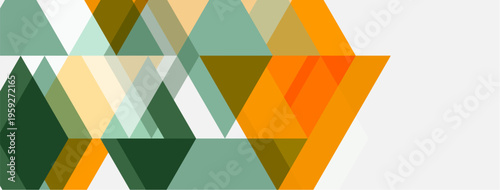 Geometric shapes create abstract pattern. Colors include orange, green, beige, white. Design feels modern, minimalist.