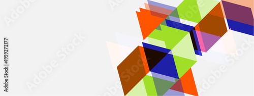 Abstract geometric shapes overlap, creating colorful composition. Bright hues contrast with white space. Modern design elements present.