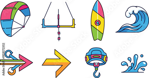 Water Sports and Surfing Icon Set Featuring Kite Surfing, Surfboard, Ocean Waves, Direction Arrows and Safety Harness Equipment Isolated on White Background