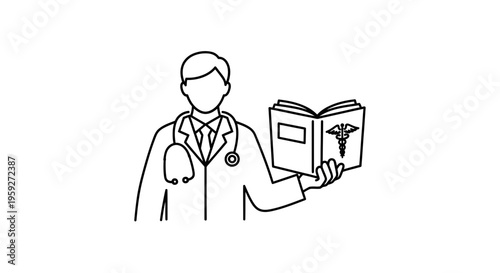 Doctor holding open medical book with caduceus symbol, illustration