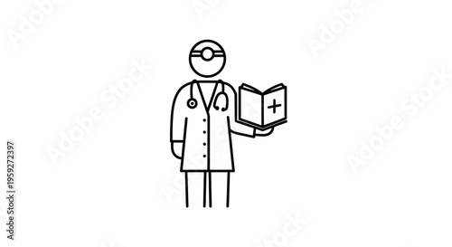 Doctor holding open medical book with plus sign, medical professional icon