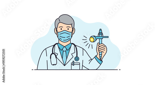 Doctor wearing mask holding otoscope, medical examination, healthcare concept