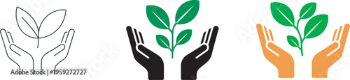 Hands with leaf icon, natural organic product label vector, ecological recyclable emblem, ecology environment care symbol, nature conservation sign, hand with leaves pictogram