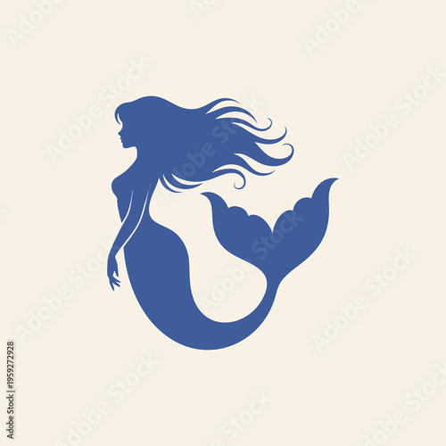 Mermaid silhouette, blue mythical creature, aquatic woman icon, vector graphic