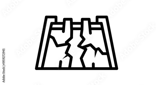 Dam Failure Icon: Cracked Hydroelectric Power Structure, Water Crisis Concept