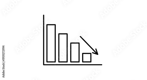 Declining Bar Chart with Downward Arrow Icon: Business Trend and Financial Loss Concept