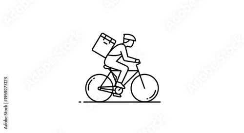 Delivery person riding bicycle with insulated backpack, food delivery service icon, line art illustration