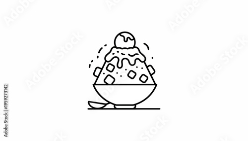 Dessert Icon: Shaved Ice with Ice Cream and Syrup, Minimalist Line Art