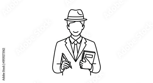 Detective Investigator in Hat Writing Notes with Pen and Notebook