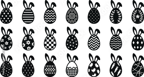 Black and White Minimalist Easter Eggs with Bunny Ears Silhouette Set: Multiple Pattern Egg Icons Vector Illustration for Holiday Decor and Spring Crafts 2026