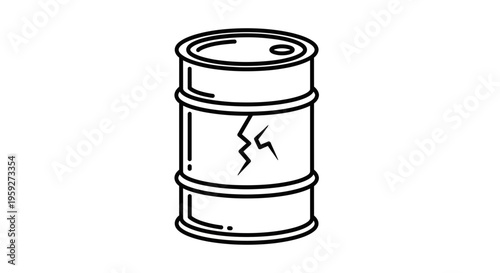 Cracked Oil Drum Icon, Hazardous Waste Barrel, Danger Symbol, Industrial Container Outline
