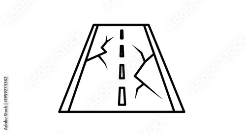 Cracked Road Surface Icon, Damaged Asphalt Highway with Broken Lines, Urban Decay