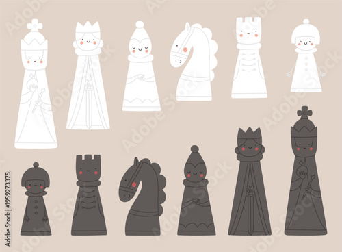 Black and white chess pieces. Vector illustrations in cartoon style. King, queen, rook, bishop, knight and pawns. Chessmen set. Design elements in flat style.