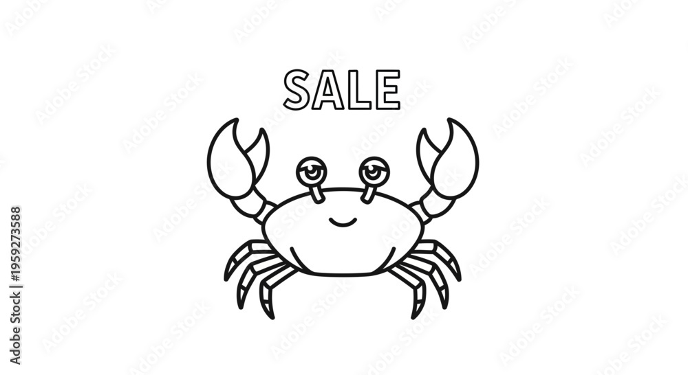 Fototapeta premium Cute Crab with Sale Sign - Black and White Line Art for Summer Promotions