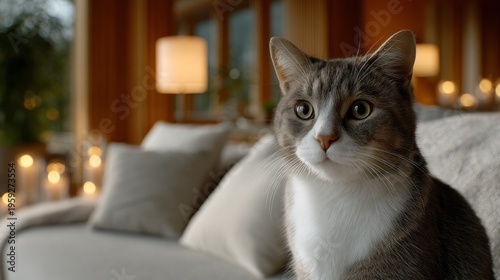 A lovely gray and white cat sits peacefully on a plush sofa, gazing thoughtfully into the distance. Soft glowing lights and plush cushions create a warm, inviting atmosphere