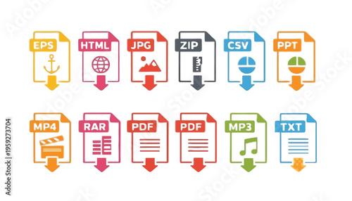 File icon vector illustration set for various digital formats and extensions
