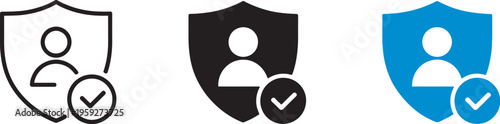 User security and protection icon, shield with check mark, verified account symbol, privacy and safe access, cybersecurity, secure login, user verification, data protection vector