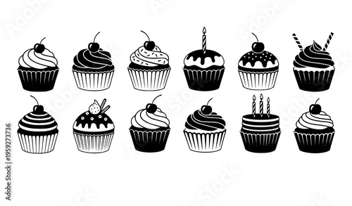 Black and white cupcake silhouette set with different toppings birthday celebration dessert vector isolated on white background