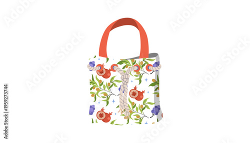 A colorful floral handbag with pomegranate design and orange handle