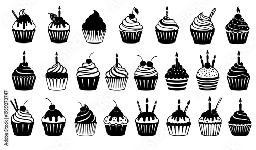 Minimal cupcake silhouette icon set black and white dessert vector with toppings for birthday design isolated on white background