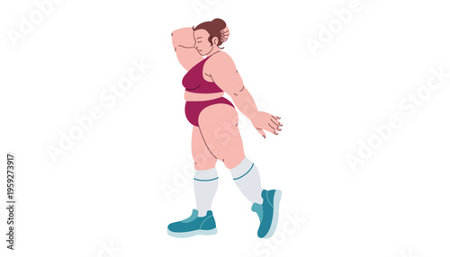 A plus-sized woman in a maroon workout outfit dancing energetically alone