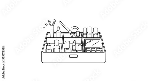 Cosmetics Organizer with Makeup Brushes, Lipsticks, and Bottles - Line Art