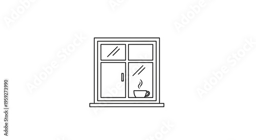 Cozy Window View with Steaming Coffee Cup - Minimalist Line Art