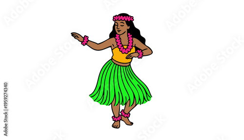 Hula dancer in traditional Hawaiian grass skirt and pink leis performing a dance