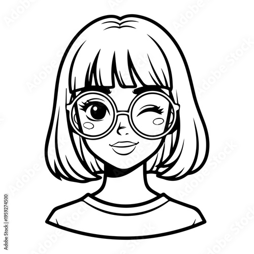 Playful Winking Girl with Short Layered Hair Minimal Line Art Illustration