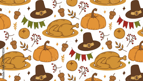 Thanksgiving icon illustration of turkey, pumpkins and pilgrim hats on white background