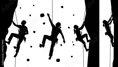 Climbing silhouette illustration of people rock climbing with ropes and harnesses