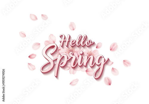 Hello Spring floral text with falling petals graphic and cherry blossom branches