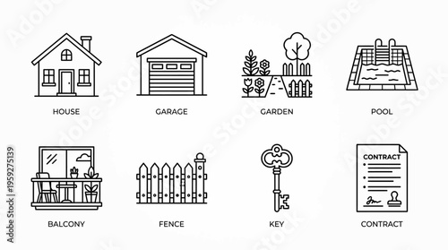 Set of eight property-related icons including house, garage, garden, pool, balcony, fence, key, and contract, symbolizing real estate, home ownership, and residential management essentials.