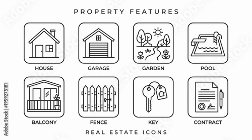 Set of eight property-related icons including house, garage, garden, pool, balcony, fence, key, and contract, symbolizing real estate, home ownership, and residential management essentials.