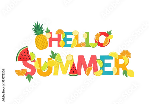 Hello Summer featuring vibrant fruits like watermelon, pineapple, and citrus slices, perfect for seasonal greetings and designs