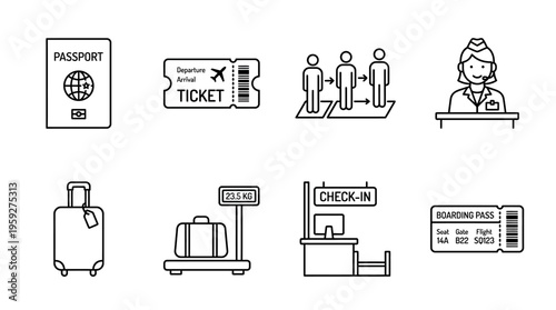 Set of eight air travel and airport process icons including passport, boarding ticket, queue, staff counter, suitcase, baggage scale, check-in desk, and boarding pass, symbolizing flight preparation a