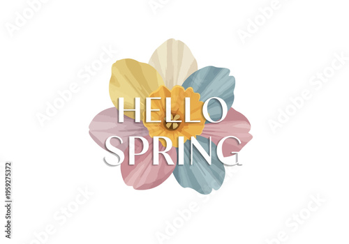 Hello Spring pastel colored floral illustration with soft petals and center greeting