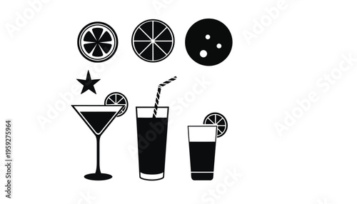 Cocktail icon set with glasses and citrus fruits in black silhouette
