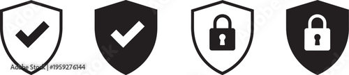 Security and protection icon set, shield symbols with checkmark and lock, safety privacy data protection, secure access, cybersecurity, antivirus solutions, vector illustration