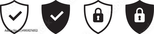 Security and protection icon set, shield symbols with checkmark and lock, safety privacy data protection, secure access, cybersecurity, antivirus solutions, vector illustration