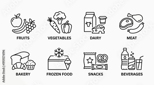 Set of eight grocery category icons including fruits, vegetables, dairy, meat, bakery, frozen food, snacks, and beverages, symbolizing shopping organization, inventory, and store layout essentials.