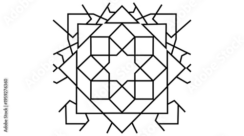 Intricate geometric star pattern with interlocking angular lines and symmetrical layers, symbolizing mathematical precision, tessellation, and abstract design in a balanced black-and-white illustratio
