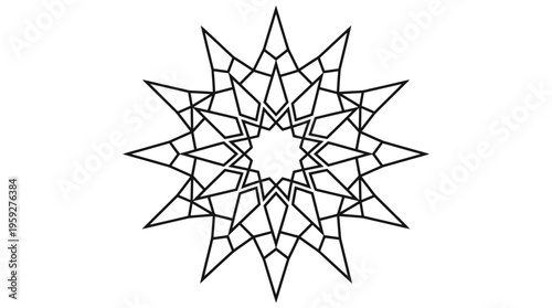 Intricate geometric star pattern with interlocking angular lines and symmetrical layers, symbolizing mathematical precision, tessellation, and abstract design in a balanced black-and-white illustratio