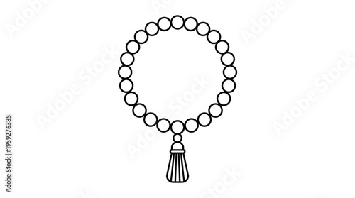 Minimalist prayer beads icon with loop, knot, and tassels, symbolizing spirituality, devotion, and meditation practices across cultures in a clean black-and-white line illustration.