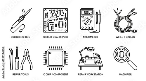 Set of twelve electronics and engineering tool icons including soldering iron, PCB, multimeter, cables, IC chips, workbench, magnifier, and hand tools, symbolizing assembly, testing, and repair essent