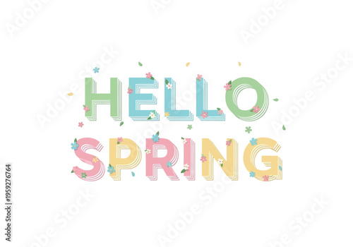Hello Spring text with floral accents and pastel colors