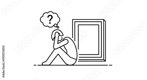 Confused person sitting next to a framed picture with a question mark in a thought bubble.